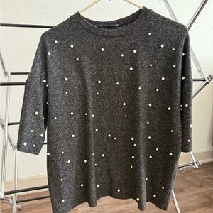 Gray Sweater with Pearl Accents